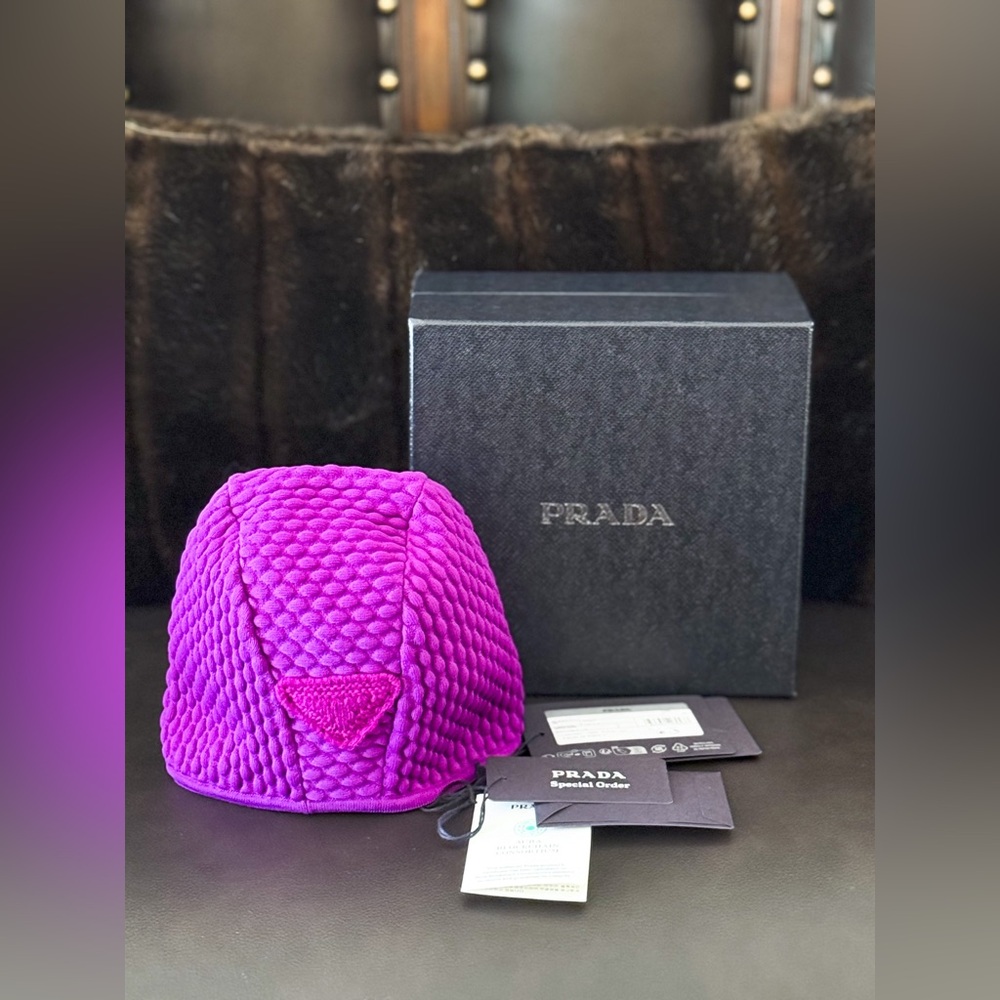 NWT Prada Logo Runway FW24 Stretch Nylon Beanie with Ribbed Design in Viola